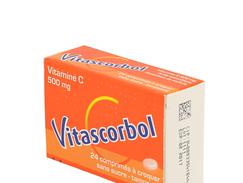 Vitascorbol sans sucre tamponne 500 mg, comprimé à croquer édulcoré au sorbitol et à l'aspartam, boîte de 2 flacons de 12